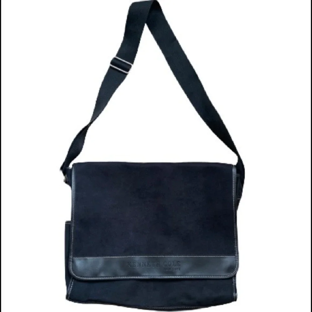 Kenneth Cole New York Messenger Shoulder Bag Black Faux Suede Adjustable…